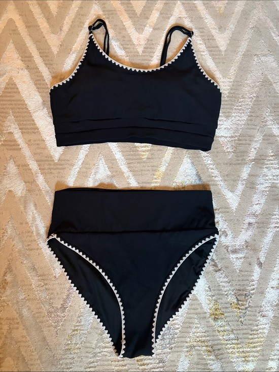Other - NEW Black Two-Piece Swimsuit with White Zigzag Trim